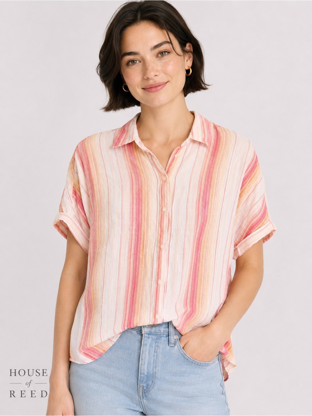 Gloria Vanderbilt Pink Orange Stripe Button Front Blouse Women’s Small
